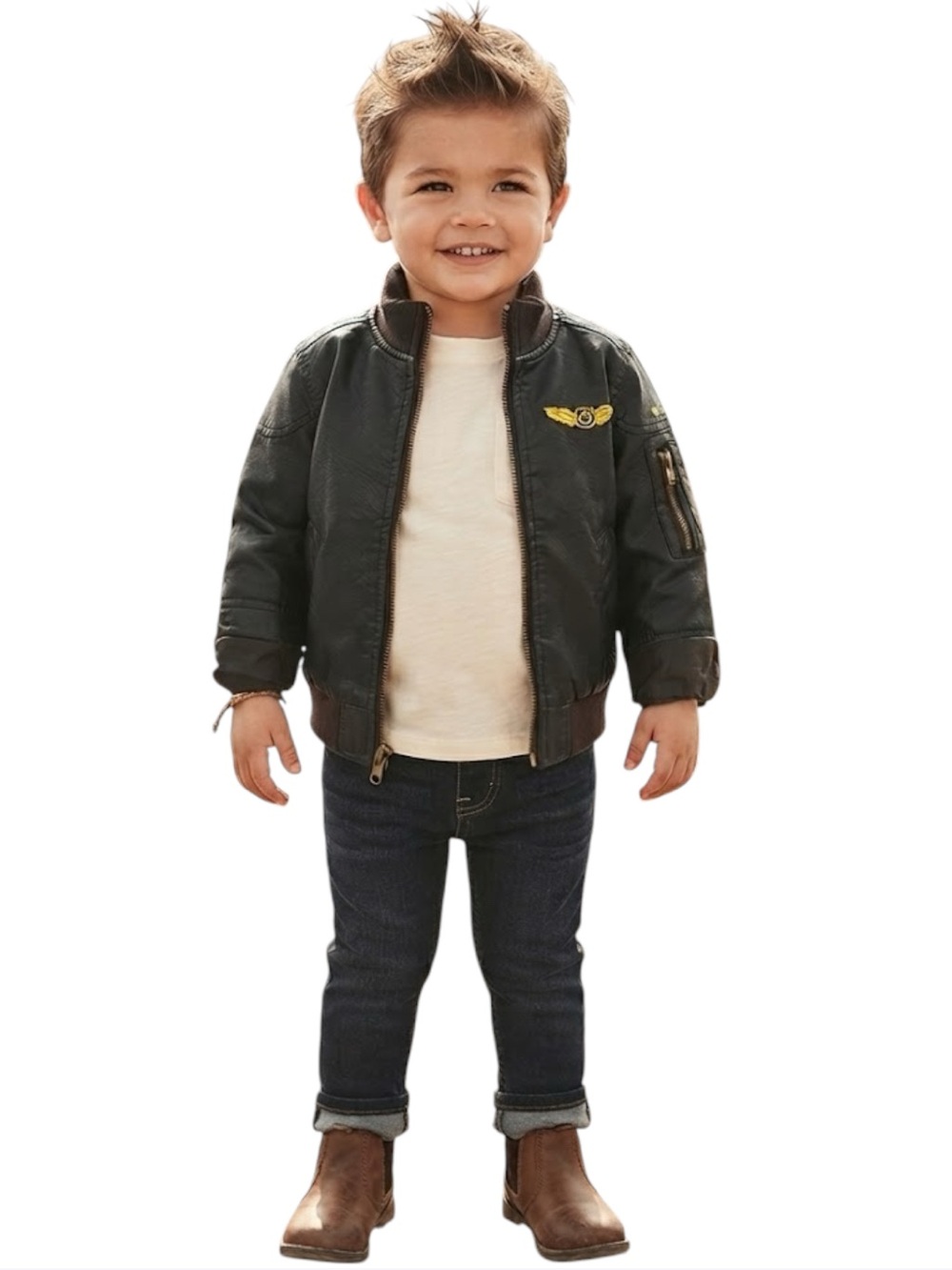 GEORGE Toddler Boys Faux Leather Aviator Jacket Brown Biker Coat 2T 2Y
